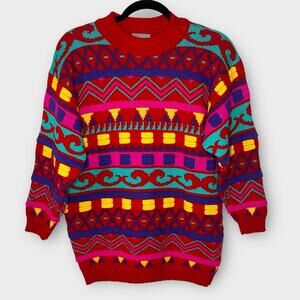 VINTAGE 3D knit Arielle colorful sweater size medium 80s 90s 3/4 sleeve